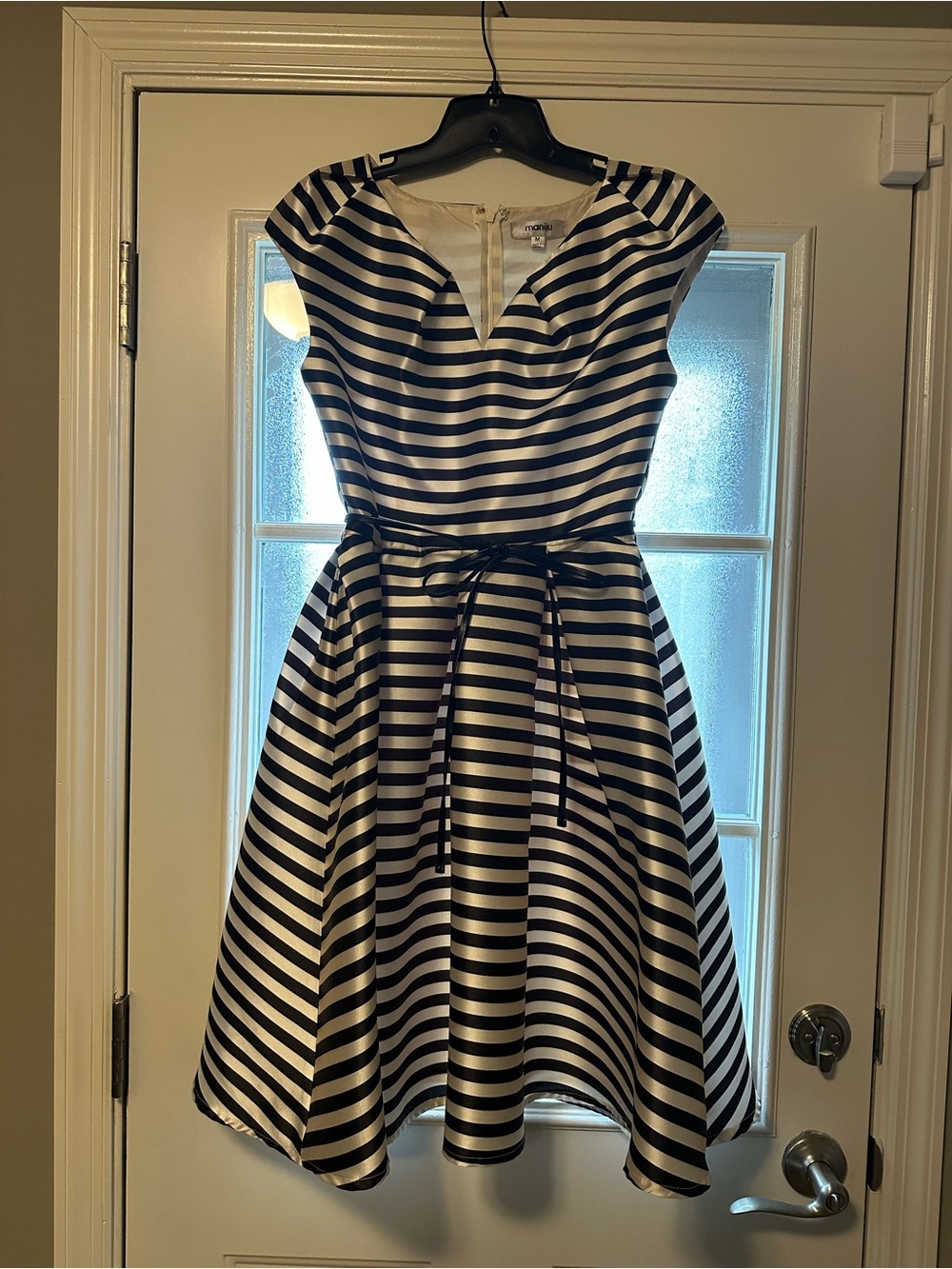 Amazingly Cute Black and White Striped Fit-and-Flare Dress w/ Removable Belt